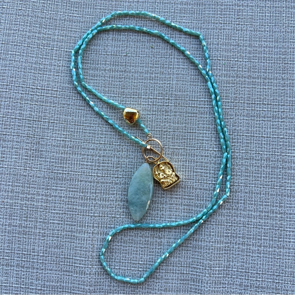 Taylor  & Tessier Aspen Tumbled Aquamarine Beaded 14k Gold Plated Charm Necklace